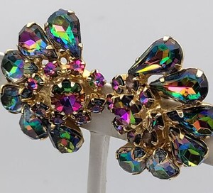 Vendome iridescent watermelon rhinestone clip earrings with aurora borealis finish
