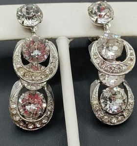 Vintage rhinestone drop earrings with pink and clear stones in silver-tone setting