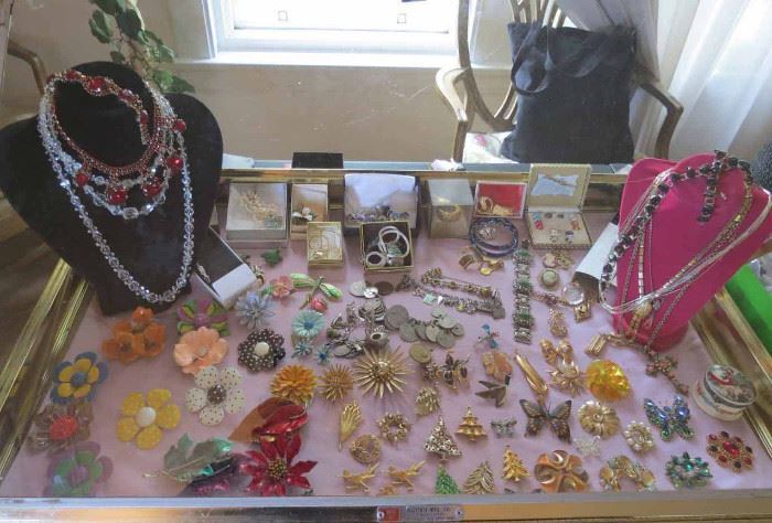 Vintage costume jewelry spread from a Portage Park estate handled by Decatique Studios